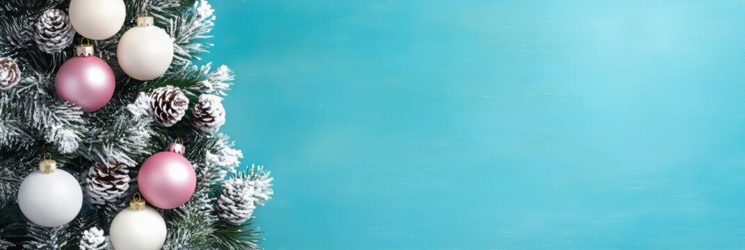 Frosted Christmas Tree with Teal and White Baubles on Turquoise Background for Holiday Mockups - Powered by Adobe