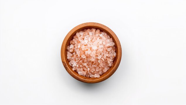 Crystalline pink salt in a wooden bowl on a light surface, natural mineral resource for culinary use
