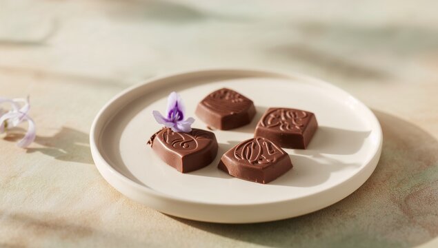Lavender-infused chocolate bars arranged on a white plate, a fiber-rich treat, World Chocolate Day