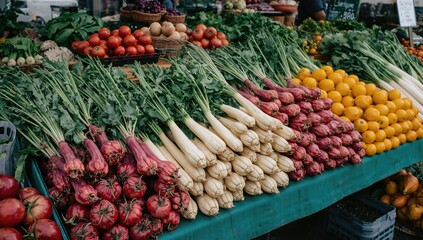 Organic fresh fruits and vegetables sold at a local farmers market stand, promoting healthy eating with seasonal produce.