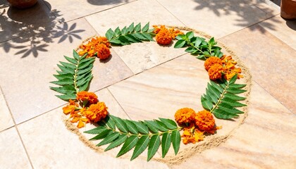 Rangoli design with vibrant colors dissolving under a gentle stream of water, creating soft, abstract washes on a wet stone surface, photographed at eye-level