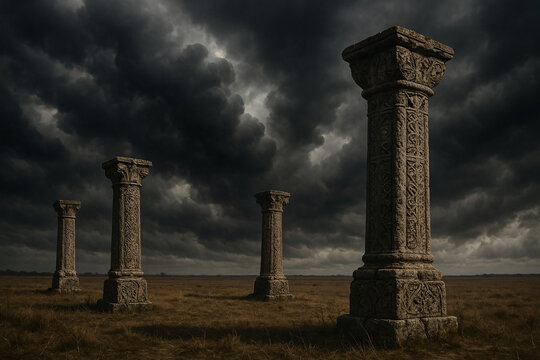 Ancient weathered columns stand boldly against a dramatic storm sky creating a sense of timelessness and powerful history on a vast field