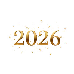 Golden year 2026 text with sparkling confetti elements isolated on transparent background