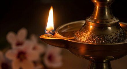 Traditional oil lamp glowing with flame and flowers in background for Makar Sankranti  