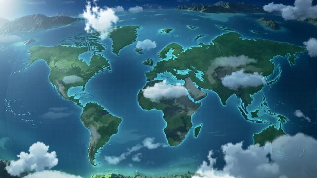 world map blended with green forest and cloudy sky global nature concept