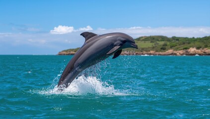 Fototapeta premium Bottlenose dolphin jumping above the water near an island, marine life in action, World Ocean Day