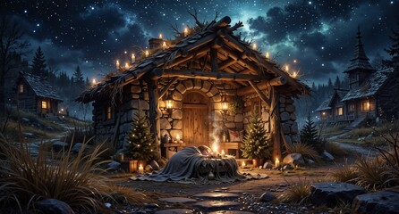 cozy rustic cabin illuminated by candlelight with a person resting outside in a winter village scene.