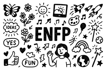 ENFP personality doodle icons with creativity and playful symbols in hand-drawn style, Transparent Background