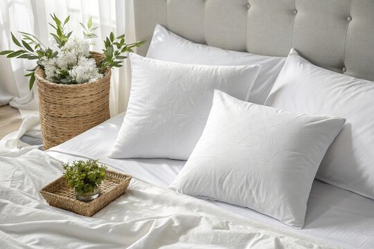 White ned room, bed with pillows