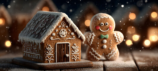 Christmas xmas advent gingerbread house celebration holiday greeting card - Gingerbreadhouse and gingerbread man white icing, on table, dark night bokek snowflakes in the background (Generative Ai)