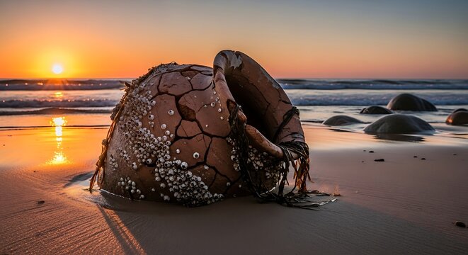Horseshoe Crab Shell Washed Ashore at Sunset on Sandy Beach.