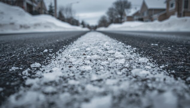 Close-up of road covered in salt for snow melting during winter, urban density