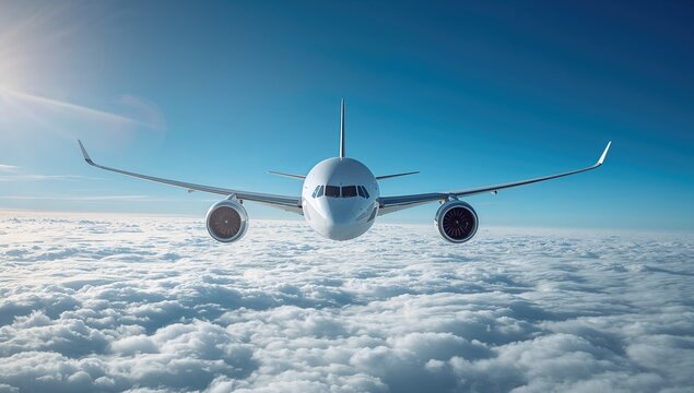 White commercial airplane soaring in a clear blue sky.