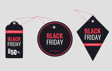 Black Friday Sale Tags Vector Set. Perfect for advertising, marketing materials, online stores, and promotional banners for seasonal sales or discount events.