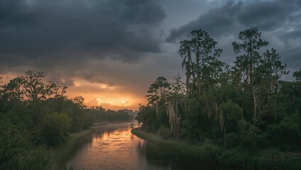 Rain clouds from a hurricane hovering above a vast swamp