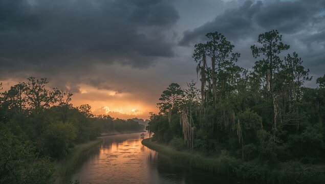 Rain clouds from a hurricane hovering above a vast swamp