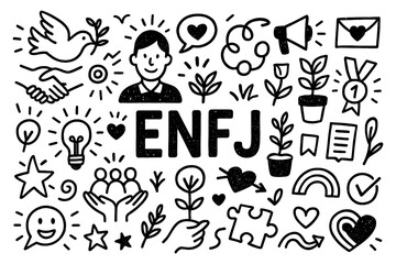 ENFJ personality doodle icons with empathy and leadership symbols in hand-drawn style, Transparent Background