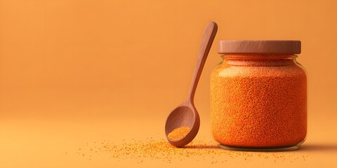 Vibrant Orange Spice Jar with Wooden Spoon on Warm Background