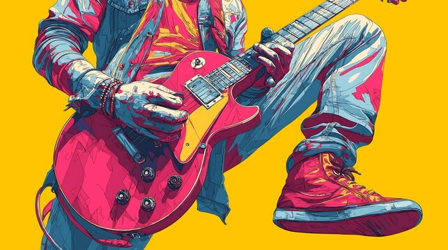 Modern pop art style illustration of a rock guitarist striking a hero pose