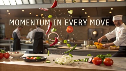 Fresh vegetables tossed in the air inside a modern kitchen
