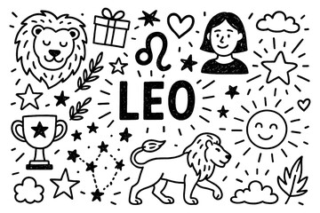 Leo zodiac doodle icons with stars and expressive symbols in hand-drawn style, Transparent Background