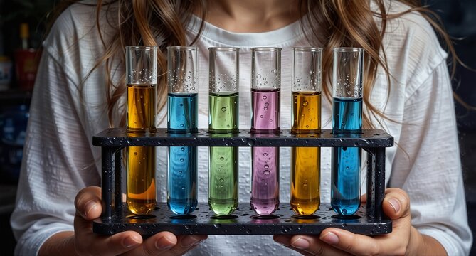 scientist holding a test tube rack with colorful liquid samples for research or analysis.