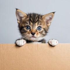 Curious Kitten Peeking Over Cardboard Box with Blue Eyes and Playful Expression
