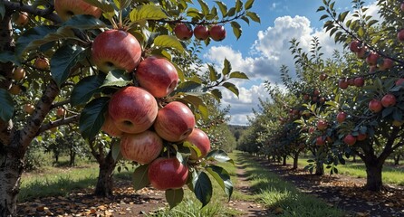 lush red apples hanging from branches in an orchard with rows of trees and a dirt path on a sunny day.