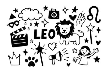 Leo zodiac doodle icons with stars and expressive symbols in hand-drawn style, Transparent Background