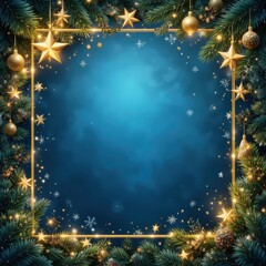 Decorative Holiday Frame with Greenery and Golden Ornaments on a Blue Background