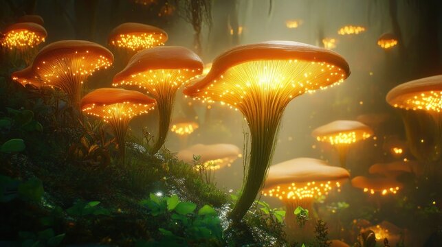 Glowing mushrooms illuminating a mystical forest floor with soft warm light in a serene and magical natural setting