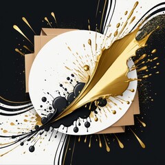 Dynamic Abstract Expression of Gold and Black Paint Splashes on White Background