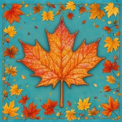 Vibrant Orange Maple Leaf Surrounded by Falling Leaves on a Turquoise Background