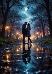 romantic couple embracing on wet city street with bokeh lights and full moon reflection