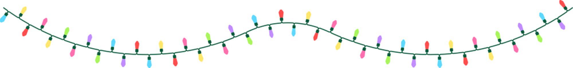 6色の電球でカラフルなクリスマスライト（String lights）の背景透過イラスト。点灯していない・2連のカーブバージョン。電線の細かい形状を再現している。