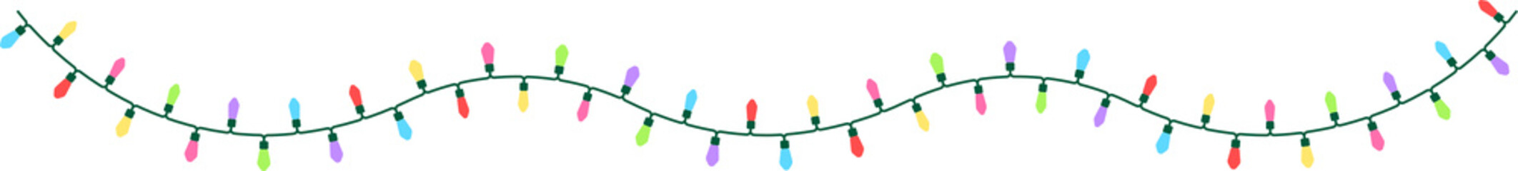 6色の電球でカラフルなクリスマスライト（String lights）の背景透過イラスト。点灯していない・3連のカーブバージョン。電線の細かい形状を再現している。