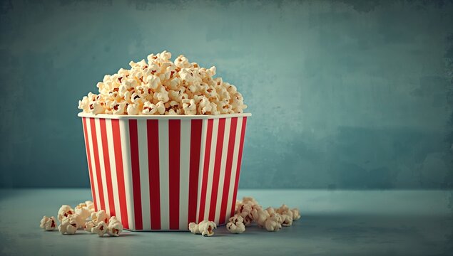 Bucket of popcorn against a blue backdrop, ideal for editorial use