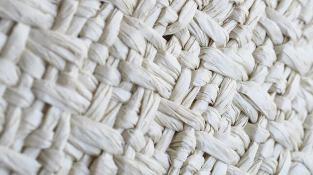 Closeup woven straw texture in ivory, intimate macro view of braided raffia fibers, handcrafted irregularities, soft neutral tones, cozy boho aesthetic ideal for textile backgrounds
