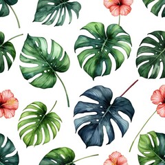 Tropical Botanical Pattern with Monstera Leaves and Hibiscus Flowers on White Background