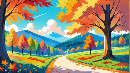Vibrant Autumn Landscape with Colorful Foliage and Serene Pathway Leading to Mountain View