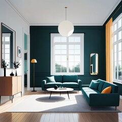 Modern Living Room Interior Design with Green Walls and Natural Light in a Bright Space