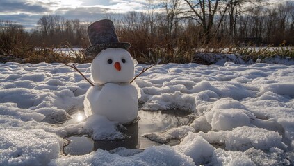 Obraz premium A tiny snowman melting in a sunny open area surrounded by thawing snow. Arrival of warmer days.