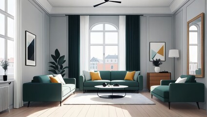 Modern Living Room with Green Sofas and Large Windows in Contemporary Urban Setting