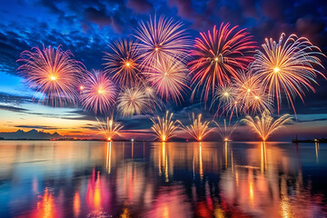 Fototapeta premium Vibrant Fireworks Display Over Calm Water at Dusk