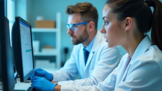 Video A pair of scientists in lab coats examine data on a computer screen, likely reviewing research or analyzing results