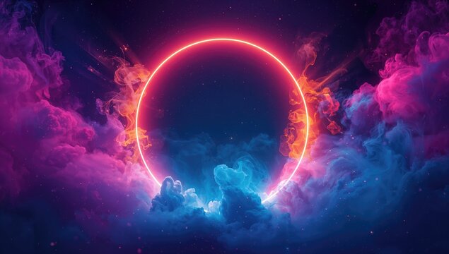 Luminous circle, vibrant flyer design for advertising, incorporating bright colors and smoke neon effect