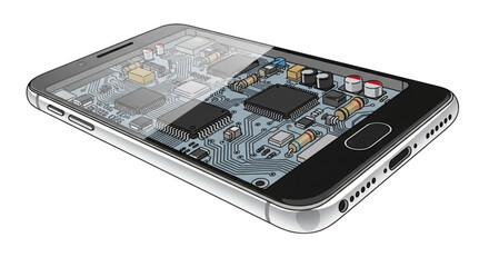Advanced Smartphone Hardware Disassembly: Transparent Exploded View of Mobile Phone Internal Circuit Board Components and Motherboard Layout for Repair Guide