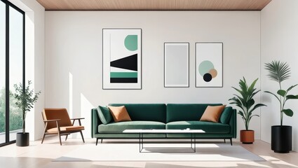 Stylish Living Room with Green Sofa and Abstract Art in a Bright, Modern Interior Space