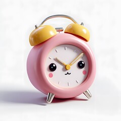 Cute pink alarm clock with yellow bells and smiling face design
