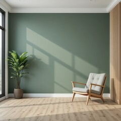 Bright And Serene Interior With Green Wall And Comfortable Armchair Bathed In Natural Light